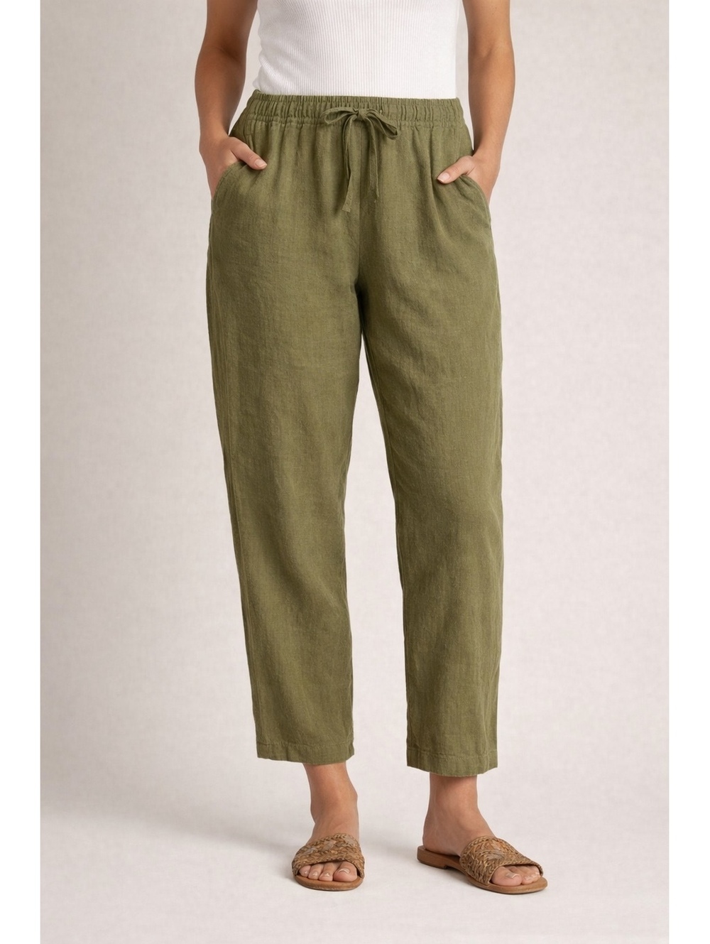 Erin London Olive Green Linen Blend Drawstring Pants Sz L - Fall Cozycore Autumn